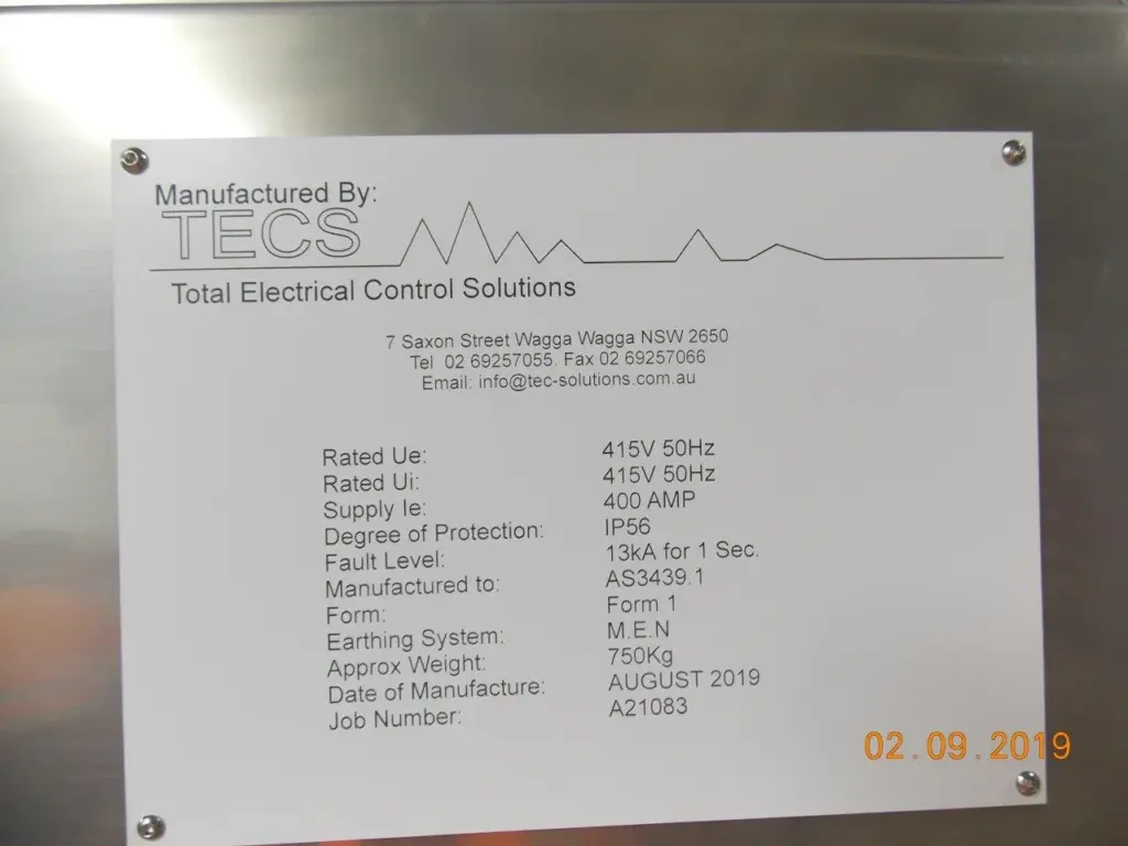 TECS switchboard compliance plate, Bartters WWTP