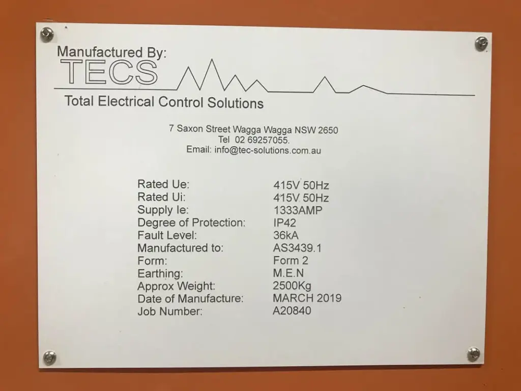 TECS switchboard compliance plate, Moxey Farms